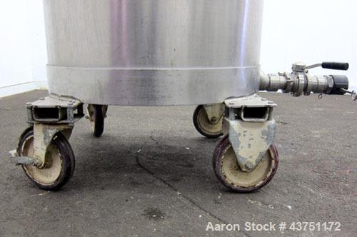 Used Tank, 100 Gallon, 304 Stainless Steel, Vertical.  Approximately 31" diameter x 38" straight side.  Open top with a 1 piece cover, 1" sloped bottom.  2-1/4" Side bottom outlet.  Skirt mounted wit...