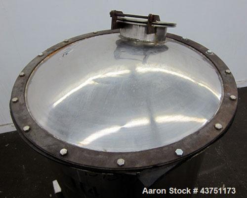 Used Tank, 100 Gallon, 304 Stainless Steel, Vertical.  30" Diameter x 34" straight side.  Dished bolt-on top with an 8" hand hole with cover, 2" sloped bottom.  2" Tri-clamp off center bottom outlet....