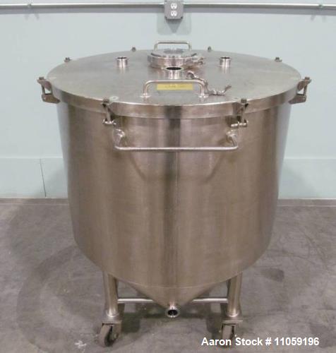 Used 92 Gallon (350 Liter) Sanitary Stainless Steel tanks. Flat, lift off lid. Cone bottom to side bottom outlet. Electro-polished inside. Portable, mounted on wheels. Built by AIF.