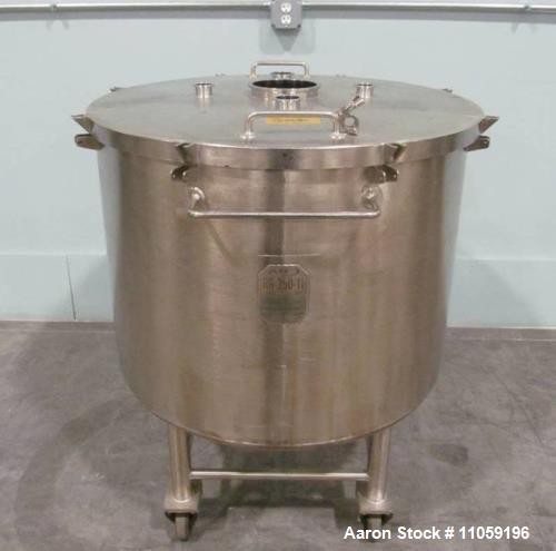 Used 92 Gallon (350 Liter) Sanitary Stainless Steel tanks. Flat, lift off lid. Cone bottom to side bottom outlet. Electro-polished inside. Portable, mounted on wheels. Built by AIF.