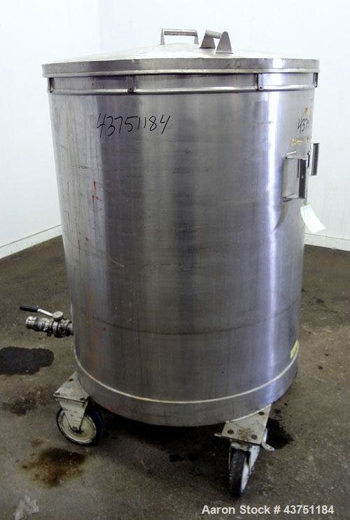 Used Tank, 200 Gallon, 304 Stainless Steel, Vertical.  Approximately 38" diameter x 47" straight side.  Open top with a 1 piece cover, 1/2" sloped bottom. 2-1/4" Side bottom outlet.  Skirt mounted wi...