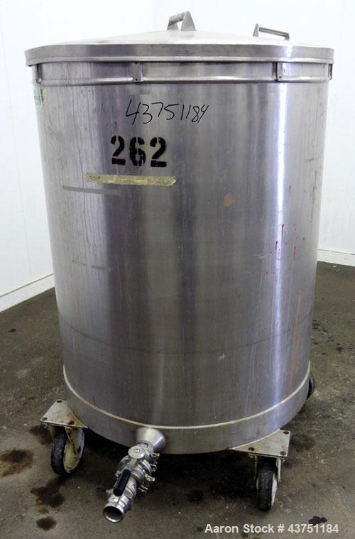 Used Tank, 200 Gallon, 304 Stainless Steel, Vertical.  Approximately 38" diameter x 47" straight side.  Open top with a 1 piece cover, 1/2" sloped bottom. 2-1/4" Side bottom outlet.  Skirt mounted wi...