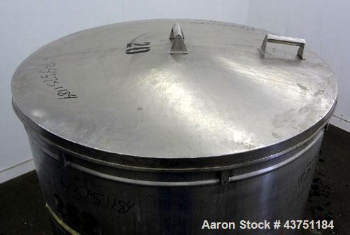 Used Tank, 200 Gallon, 304 Stainless Steel, Vertical.  Approximately 38" diameter x 47" straight side.  Open top with a 1 piece cover, 1/2" sloped bottom. 2-1/4" Side bottom outlet.  Skirt mounted wi...