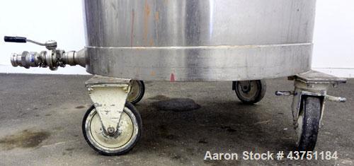 Used Tank, 200 Gallon, 304 Stainless Steel, Vertical.  Approximately 38" diameter x 47" straight side.  Open top with a 1 piece cover, 1/2" sloped bottom. 2-1/4" Side bottom outlet.  Skirt mounted wi...