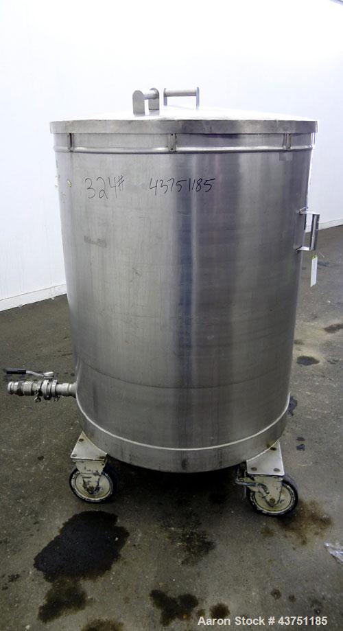 Used Tank, 200 Gallon, 304 Stainless Steel, Vertical.  Approximately 38" diameter x 47" straight side.  Open top with a 1 piece cover, 1/2" sloped bottom. 2-1/4" Side bottom outlet.  Skirt mounted wi...