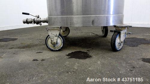 Used Tank, 200 Gallon, 304 Stainless Steel, Vertical.  Approximately 38" diameter x 47" straight side.  Open top with a 1 piece cover, 1/2" sloped bottom. 2-1/4" Side bottom outlet.  Skirt mounted wi...