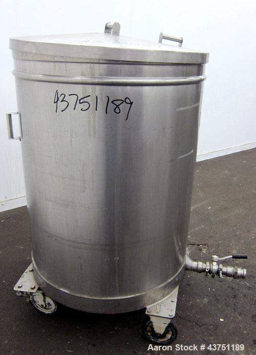 Used Tank, 200 Gallon, 304 Stainless Steel, Vertical.  Approximately 38" diameter x 47" straight side.  Open top with a 1 piece cover, 1/2" sloped bottom. 2-1/4" Side bottom outlet.  Skirt mounted wi...
