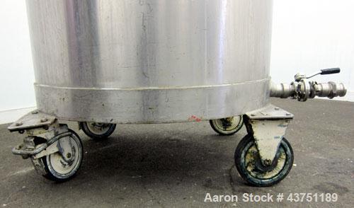 Used Tank, 200 Gallon, 304 Stainless Steel, Vertical.  Approximately 38" diameter x 47" straight side.  Open top with a 1 piece cover, 1/2" sloped bottom. 2-1/4" Side bottom outlet.  Skirt mounted wi...