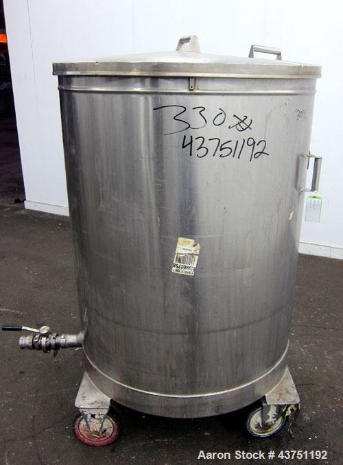 Used Tank, 200 Gallon, 304 Stainless Steel, Vertical. Approximate 38" diameter x 47" straight side. Open top with a 1 piece cover, 1/2" sloped bottom. 2-1/4" Side bottom outlet. Skirt mounted with ca...