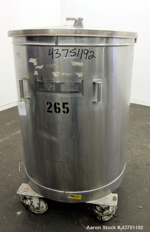 Used Tank, 200 Gallon, 304 Stainless Steel, Vertical. Approximate 38" diameter x 47" straight side. Open top with a 1 piece cover, 1/2" sloped bottom. 2-1/4" Side bottom outlet. Skirt mounted with ca...