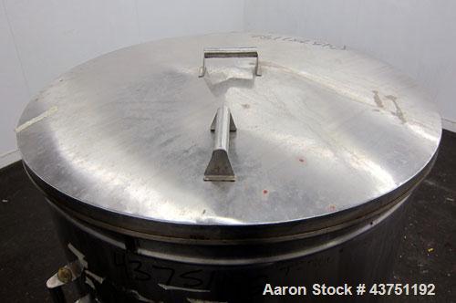 Used Tank, 200 Gallon, 304 Stainless Steel, Vertical. Approximate 38" diameter x 47" straight side. Open top with a 1 piece cover, 1/2" sloped bottom. 2-1/4" Side bottom outlet. Skirt mounted with ca...