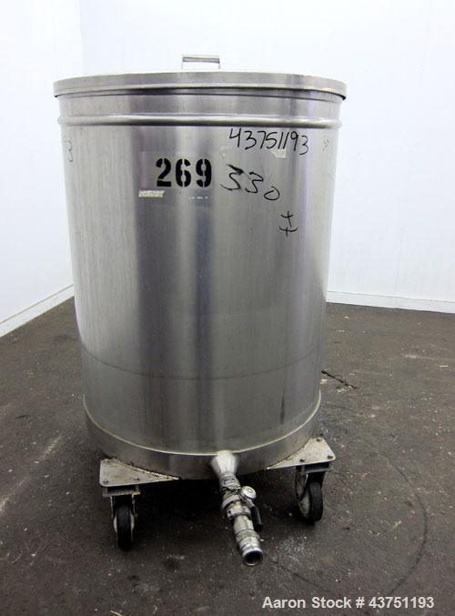 Used Tank, 200 Gallon, 304 Stainless Steel, Vertical. Approximate 38" diameter x 47" straight side. Open top with a 1 piece cover, 1/2" sloped bottom. 2-1/4" Side bottom outlet. Skirt mounted with ca...