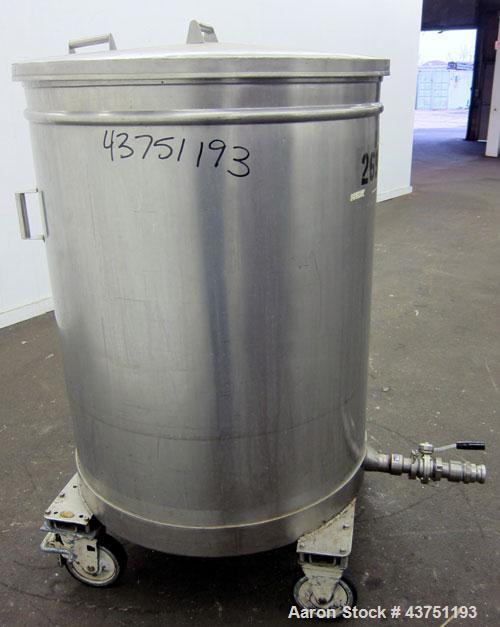 Used Tank, 200 Gallon, 304 Stainless Steel, Vertical. Approximate 38" diameter x 47" straight side. Open top with a 1 piece cover, 1/2" sloped bottom. 2-1/4" Side bottom outlet. Skirt mounted with ca...