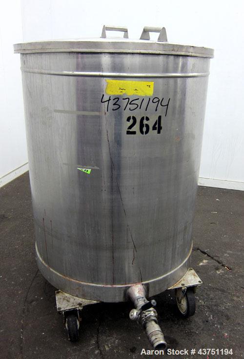 Used Tank, 200 Gallon, 304 Stainless Steel, Vertical.  Approximately 38" diameter x 47" straight side.  Open top with a 1 piece cover, 1/2" sloped bottom. 2-1/4" Side bottom outlet.  Skirt mounted wi...