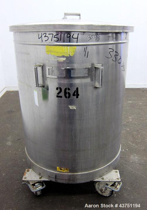 Used Tank, 200 Gallon, 304 Stainless Steel, Vertical.  Approximately 38" diameter x 47" straight side.  Open top with a 1 piece cover, 1/2" sloped bottom. 2-1/4" Side bottom outlet.  Skirt mounted wi...