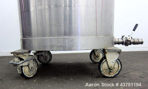 Used Tank, 200 Gallon, 304 Stainless Steel, Vertical.  Approximately 38" diameter x 47" straight side.  Open top with a 1 piece cover, 1/2" sloped bottom. 2-1/4" Side bottom outlet.  Skirt mounted wi...