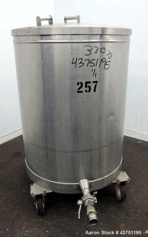 Used Tank, 200 Gallon, 304 Stainless Steel, Vertical.  Approximately 38" diameter x 47" straight side.  Open top with a 1 piece cover, 1/2" sloped bottom. 2-1/4" Side bottom outlet.  Skirt mounted wi...