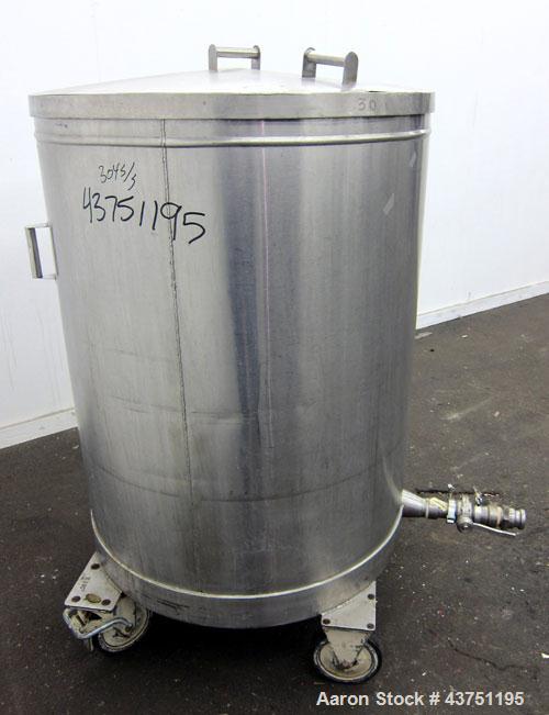 Used Tank, 200 Gallon, 304 Stainless Steel, Vertical.  Approximately 38" diameter x 47" straight side.  Open top with a 1 piece cover, 1/2" sloped bottom. 2-1/4" Side bottom outlet.  Skirt mounted wi...