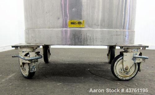 Used Tank, 200 Gallon, 304 Stainless Steel, Vertical.  Approximately 38" diameter x 47" straight side.  Open top with a 1 piece cover, 1/2" sloped bottom. 2-1/4" Side bottom outlet.  Skirt mounted wi...