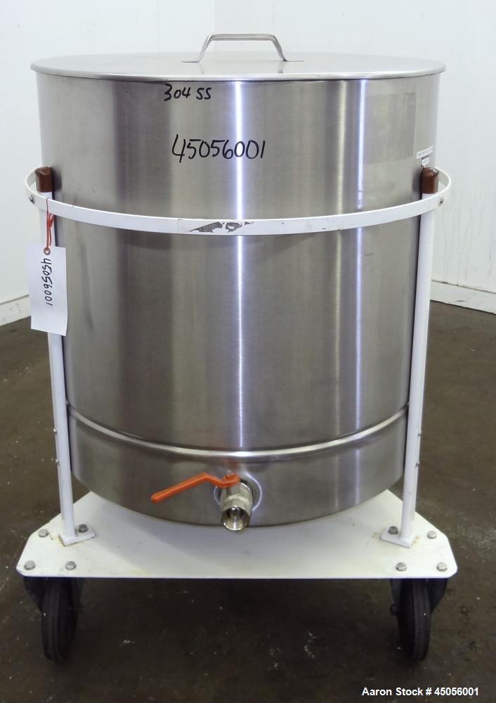 Used M.J.S. Tank, 300 Liter (79.2 Gallon), Type 300 RSWAC/C, 304 Stainless Steel, Vertical. Approximately 30-1/2" diameter x 25" straight side, open top with a (1) piece  cover, flat bottom. Provisio...