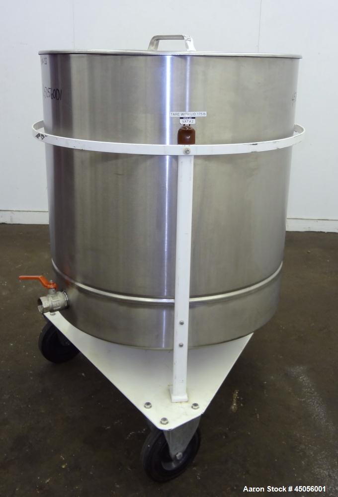 Used M.J.S. Tank, 300 Liter (79.2 Gallon), Type 300 RSWAC/C, 304 Stainless Steel, Vertical. Approximately 30-1/2" diameter x 25" straight side, open top with a (1) piece  cover, flat bottom. Provisio...