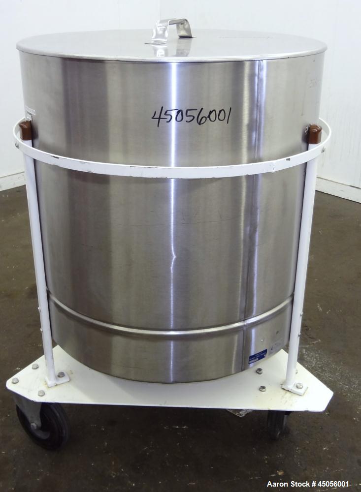 Used M.J.S. Tank, 300 Liter (79.2 Gallon), Type 300 RSWAC/C, 304 Stainless Steel, Vertical. Approximately 30-1/2" diameter x 25" straight side, open top with a (1) piece  cover, flat bottom. Provisio...