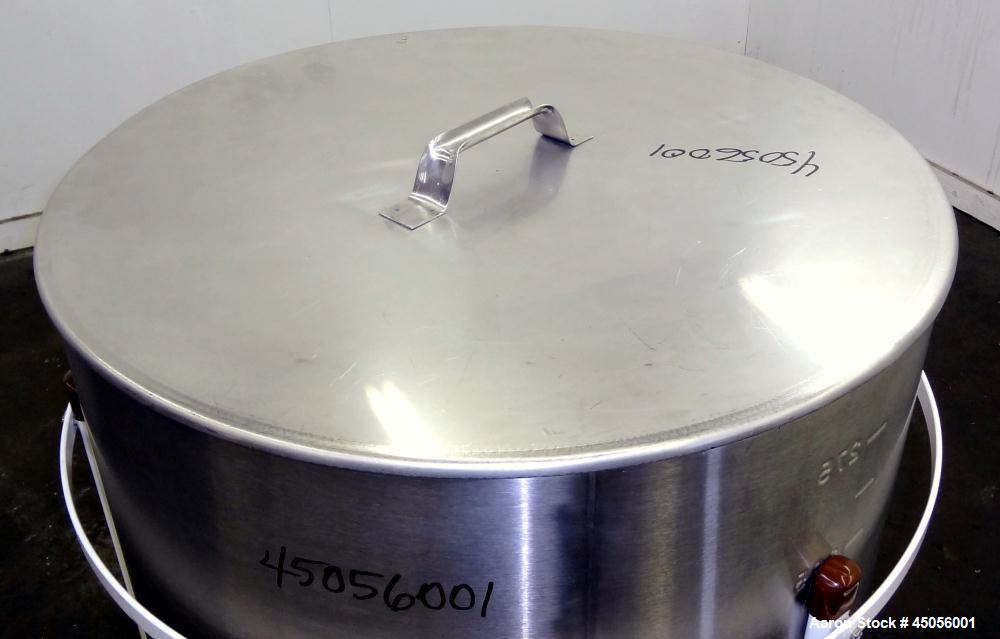 Used M.J.S. Tank, 300 Liter (79.2 Gallon), Type 300 RSWAC/C, 304 Stainless Steel, Vertical. Approximately 30-1/2" diameter x 25" straight side, open top with a (1) piece  cover, flat bottom. Provisio...