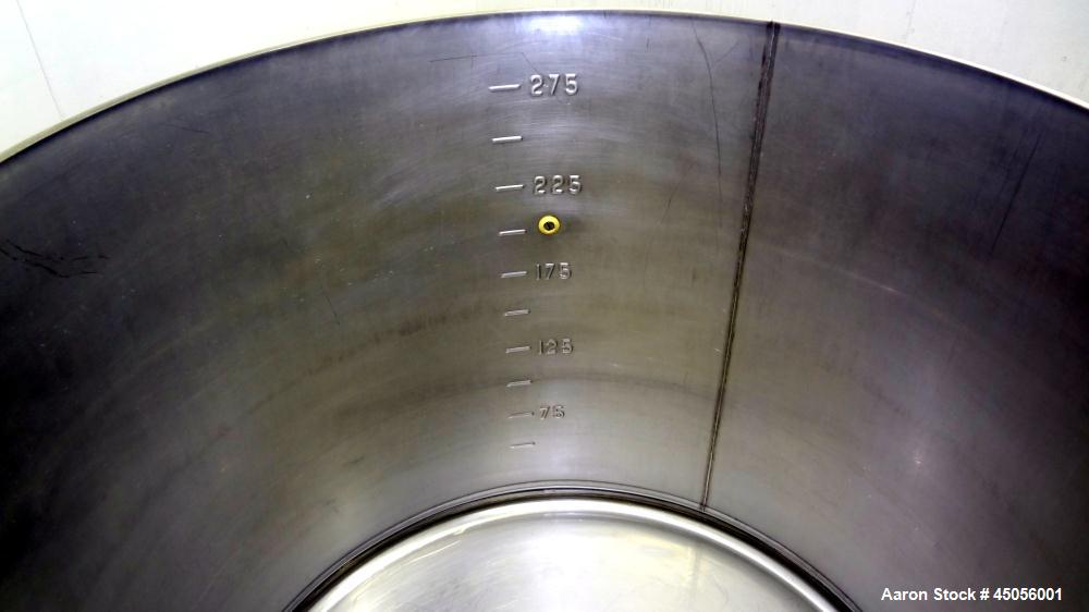 Used M.J.S. Tank, 300 Liter (79.2 Gallon), Type 300 RSWAC/C, 304 Stainless Steel, Vertical. Approximately 30-1/2" diameter x 25" straight side, open top with a (1) piece  cover, flat bottom. Provisio...