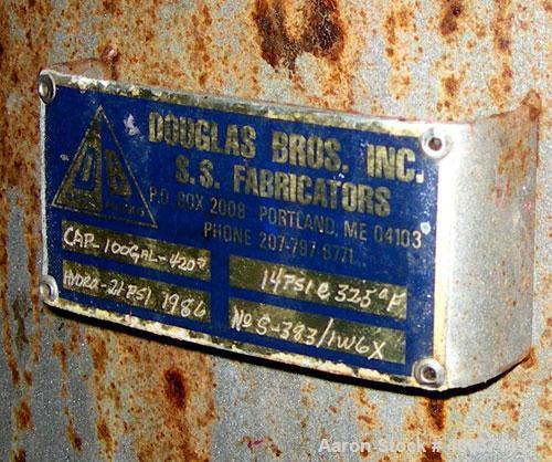 Used Used: Douglas Brothers tank, 100 gallon, stainless steel, vertical. 36" diameter x 24" straight side, dished top and bottom. Internal rated 14 psi at 325 deg.f.. Openings top 6", side 12",6", 6"...
