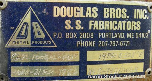 Used Douglas Brothers tank, 100 gallon, 321 stainless steel, vertical. 36" diameter x 24" straight side, dished top and bottom. Internal rated 14 psi at 325 deg.f.. Openings top 6", side 12",6", 6" c...