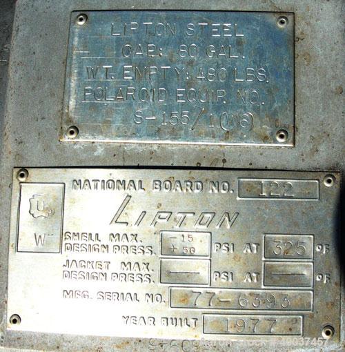 Used Lipton pressure tank, 80 gallon, stainless steel, vertical. 20" diameter x 56" straight side. Dished bolt on top, dished bottom. Intenal rated -15 TO 50 psi at 325 deg.f.. Openings side (3)2",3"...