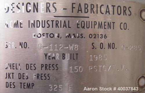 Used Acme Industrial Pressure Tank, 44 gallon, stainless steel, vertical. Approximately 18" diameter x 36" straight side. Dished top, flat bolt on bottom. Internal rated 150/fv at 325 deg F. Openings...