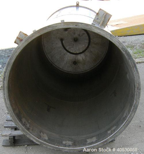 Used Tank, 400 gallon, 304 stainless steel, vertical. Approximately 38" diameter x 78" straight side, open top, no cover, dished bottom. 2 1/2" NPT center bottom outlet. Side lug mounts.
