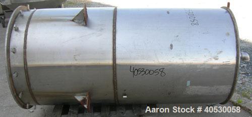Used Tank, 400 gallon, 304 stainless steel, vertical. Approximately 38" diameter x 78" straight side, open top, no cover, dished bottom. 2 1/2" NPT center bottom outlet. Side lug mounts.