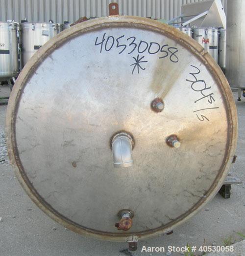 Used Tank, 400 gallon, 304 stainless steel, vertical. Approximately 38" diameter x 78" straight side, open top, no cover, dished bottom. 2 1/2" NPT center bottom outlet. Side lug mounts.