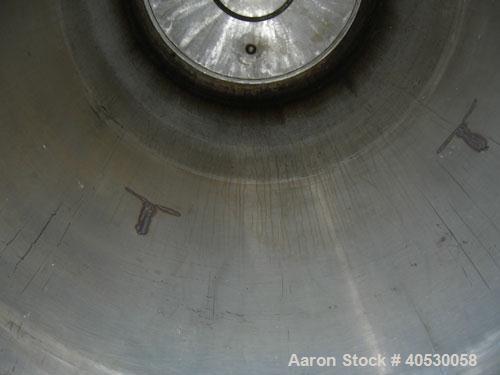 Used Tank, 400 gallon, 304 stainless steel, vertical. Approximately 38" diameter x 78" straight side, open top, no cover, dished bottom. 2 1/2" NPT center bottom outlet. Side lug mounts.