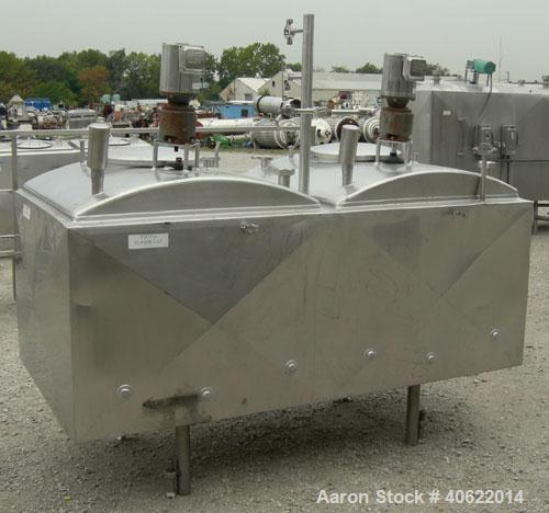 Used Flavor tank, (2) compartment, approximate 250 gallon each, 304 stainless steel.  41" long x 41" wide x approx 34" deep.  U shaped top and bottom.  3/4" diameter shaft with 2 blade bottom sweep a...