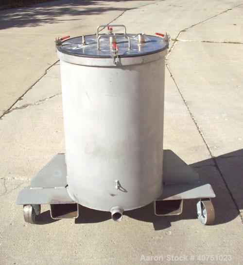 Unused-55 gallon type 304L stainless steel tank. 22" inside diameter x 34" deep. Open top with cover. Flat bottom. On casters. Forklift capable.