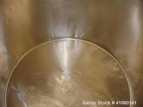 Used- Tank, 300 Gallon, Stainless Steel. 44" diameter x 46" straight side, open top with cover, sloping bottom, 1.5" bottom ...