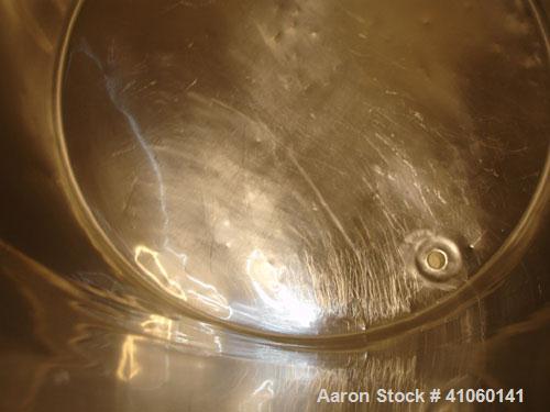Used Tank, 300 Gallon, Stainless Steel. 44" diameter x 46" straight side, open top with cover, sloping bottom, 1.5" bottom outlet on legs.