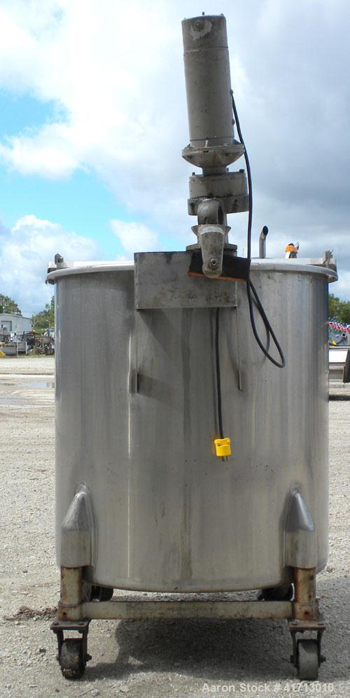 Used Tank, Approximate 140 Gallon, 316 Stainless Steel, Vertical.  34" diameter  x 36" straight side, flat top with hinged cover, sloped bottom.  Includes a clamp on agitator with a 1" diameter shaft...