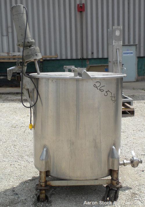 Used Tank, Approximate 140 Gallon, 316 Stainless Steel, Vertical.  34" diameter  x 36" straight side, flat top with hinged cover, sloped bottom.  Includes a clamp on agitator with a 1" diameter shaft...