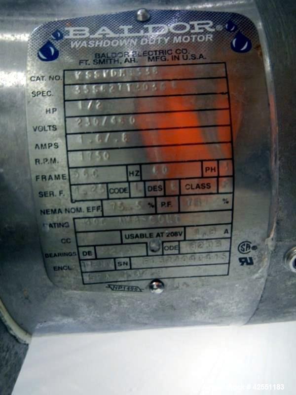 Used Bush Tank, 425 gallon, stainless steel construction, approximately 52" diameter x 48" straight side, open top with cover, flat slopping bottom, 2" bottom outlet, clamp on .5 hp, 230/460 volt Che...