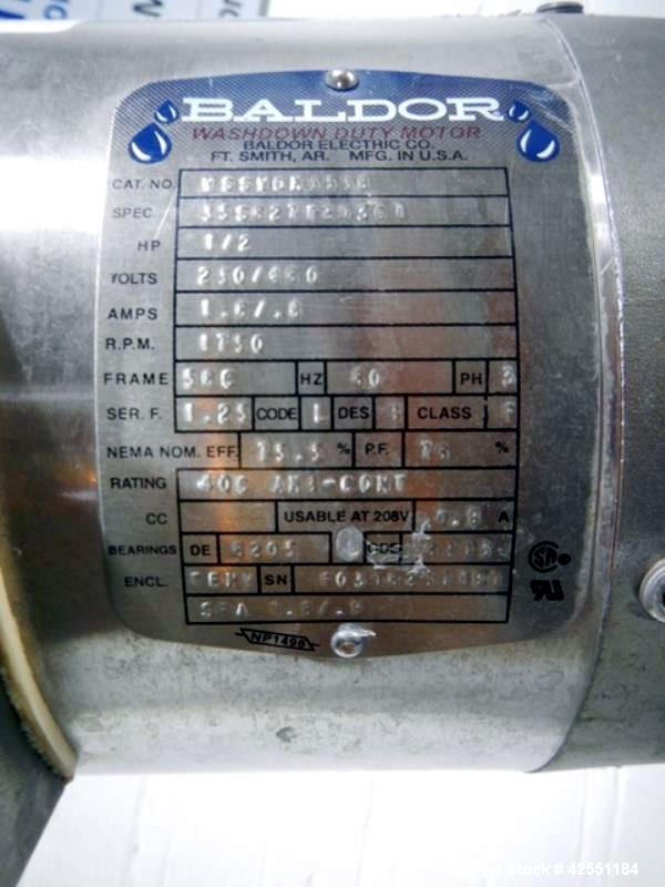 Used Bush Tank, 425 gallon, stainless steel construction, approximately 52" diameter x 48" straight side, open top with cover, flat slopping bottom, 2" bottom outlet, clamp on .5 hp, 230/460 volt Che...