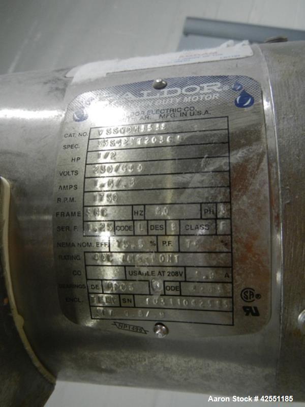 Used Bush Tank, 425 gallon, stainless steel construction, approximately 52" diameter x 48" straight side, open top with cover, flat slopping bottom, 2" bottom outlet, clamp on .5 hp, 230/460 volt Che...
