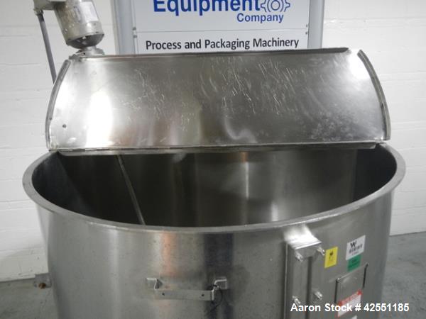 Used Bush Tank, 425 gallon, stainless steel construction, approximately 52" diameter x 48" straight side, open top with cover, flat slopping bottom, 2" bottom outlet, clamp on .5 hp, 230/460 volt Che...