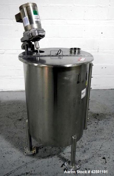 Used Bush Tank, 60 gallon, stainless steel construction, approximately 24" diameter x 32" straight side, open top with hinged cover, flat slopping bottom, 1" bottom outlet, clamp on .5 hp, 230/460 vo...
