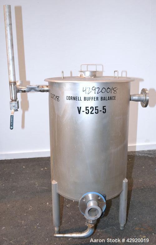 Used Tank, 110 Gallon, 304 Stainless Steel, Vertical. 30 Diameter x 36 straight side. Flat open top with a 1 piece cover, sloped bottom. Openings side 2 tri-clamp, 3 tri-clamp, 4 tri-clamp, 4 side bo...