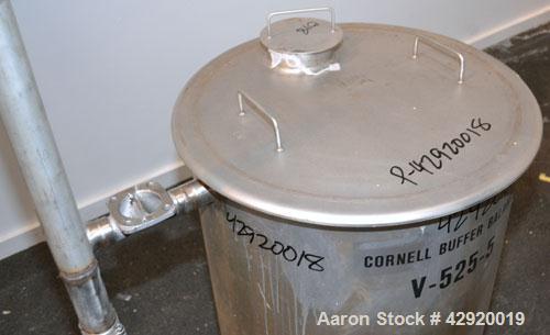 Used Tank, 110 Gallon, 304 Stainless Steel, Vertical. 30 Diameter x 36 straight side. Flat open top with a 1 piece cover, sloped bottom. Openings side 2 tri-clamp, 3 tri-clamp, 4 tri-clamp, 4 side bo...