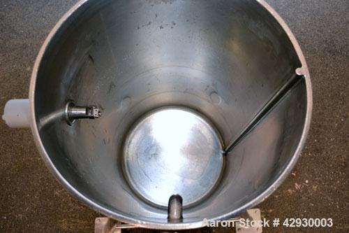 Used Tank, 30 Gallon, 316 Stainless Steel, Vertical. 17-1/2" Diameter x 30" straight side. Open top, no cover, sloped bottom. 1-1/2" Center bottom outlet. Mounted on 4 stainless steel legs with caste...